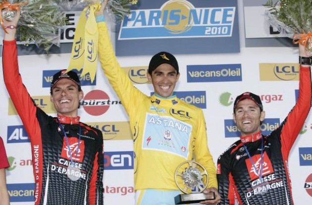 Sanchez, Contador and Valverde on the podium in Nice. Photo copyright Fotoreporter Sirotti.