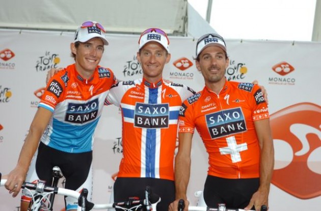 Schleck, Kurt Asle Arvesen, and Fabian Cancellara (all Team Saxo Bank). Photo copyright Fotoreporter Sirotti.