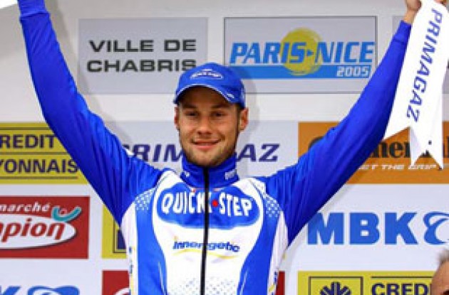 A happy Boonen on the podium. Photo copyright Fotoreporter Sirotti.