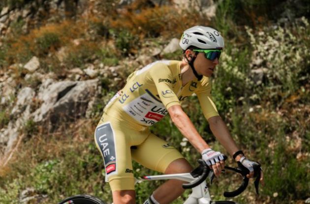 Tadej Pogacar | A.S.O. Tadej Pogacar in the yellow jersey on his Colnago bike 2025