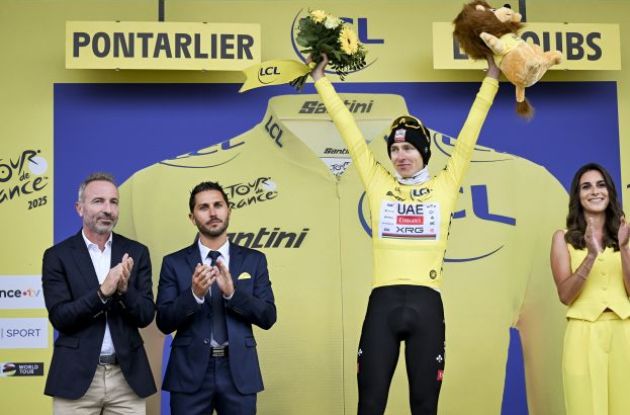 | A.S.O. Tadej Pogacar on the podium as leader of Tour de France