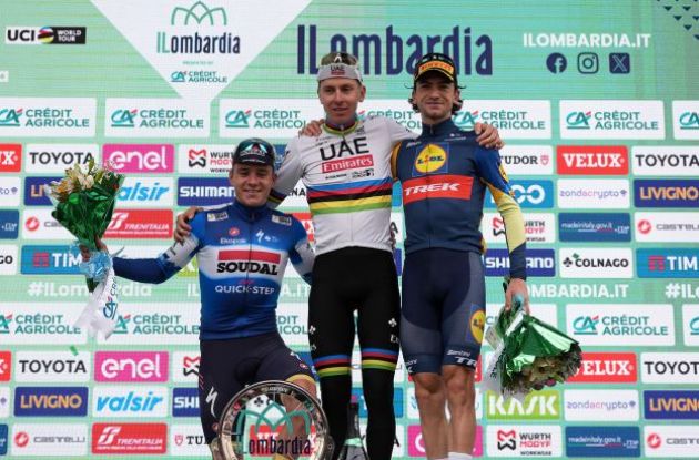 Tadej Pogacar Remco Evenepoel Giulio Ciccone on the podium