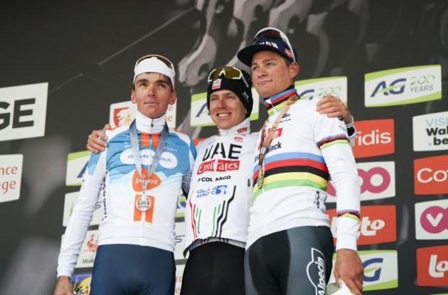 Tadej Pogacar Romain Bardet and Mathieu van der Poel on the Liege-Bastogne-Liege podium