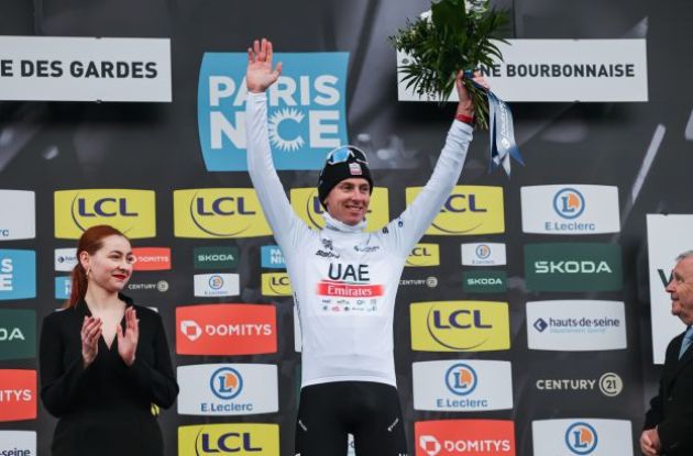 Tadej Pogacar is celebrated for his stage victory on the Paris-Nice podium
