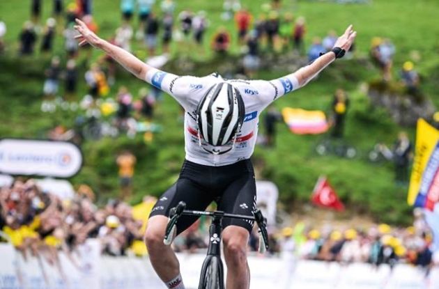 Tadej Pogacar has won stage 6 of Tour de France ahead of Jonas Vingegaard | A.S.O. Tadej Pogacar crosses the finish line as winner of stage 6 at Tour de France 2023