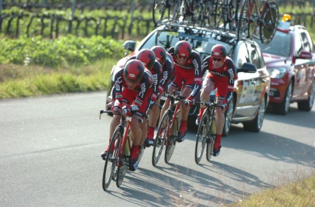 Team BMC working to defend Cadel Evans' victory in last year's Tirreno-Adriatico. Photo Fotoreporter Sirotti.