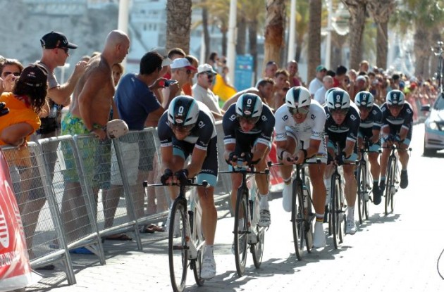 Team Leopard-Trek on their way to victory in the stage 1 team time trial of the Vuelta a Espana 2011. Photo Fotoreporter Sirotti. Team Leopard-Trek on their way to victory in the stage 1 team time trial of the Vuelta a Espana 2011. Photo Fotoreporter Sirotti.