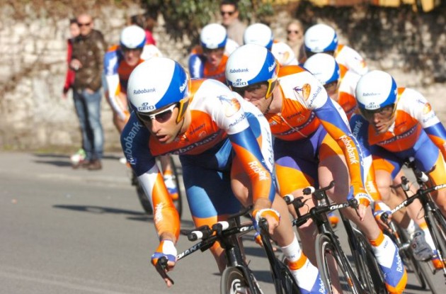 Team Rabobank on their way to victory in stage one of Tirreno-Adriatico 2011. Photo Fotoreporter Sirotti. Team Rabobank on their way to victory in stage one of Tirreno-Adriatico 2011. Photo Fotoreporter Sirotti.