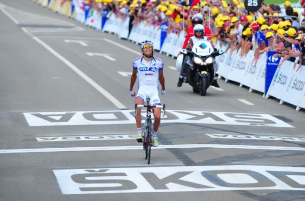 Team FDJ-BigMat's Thibaut Pinot soloes to victory in stage 8 of 2012 Tour de France. Photo Fotoreporter Sirotti. Team FDJ-BigMat's Thibaut Pinot soloes to victory in stage 8 of 2012 Tour de France. Photo Fotoreporter Sirotti.