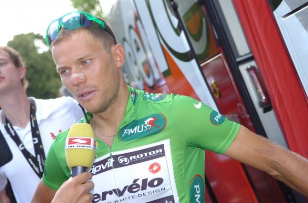 Thor Hushovd is interviewed before the start of today's Tour de France stage. Photo copyright Fotoreporter Sirotti. Thor Hushovd is interviewed before the start of today's Tour de France stage. Photo copyright Fotoreporter Sirotti.