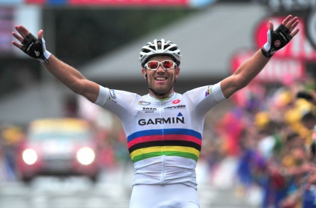 Team Garmin-CervÃ©lo's World Champion Thor Hushovd climbs to impressive stage victory in stage 13 of 2011 Tour de France. Photo Fotoreporter Sirotti.
