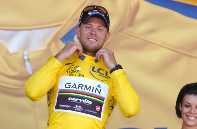 Norwegian God of Thunder Thor Hushovd takes yellow jersey and overall Tour de France lead. Photo Fotoreporter Sirotti.