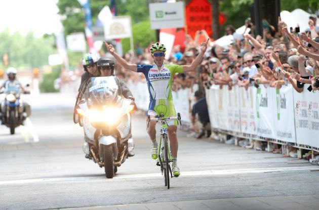Team Liquigas-Cannondale's Timothy Duggan soloes to U.S. national road cycling champion title in Greenville, South Carolina ahead of Frank Pipp and Team Type 1's Kiel Reijnen. Photo Casey Gibson / USA Cycling