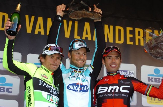 Tom Boonen, Filippo Pozzato and Alessandro Ballan on the Tour of Flanders podium. Photo Fotoreporter Sirotti.