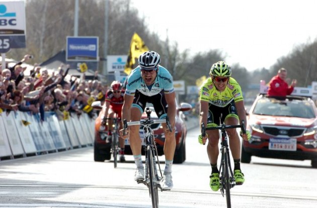 Tom Boonen wins Tour of Flanders 2012 in a sprint to the finish line. Photo Fotoreporter Sirotti. Tom Boonen wins Tour of Flanders 2012 in a sprint to the finish line. Photo Fotoreporter Sirotti.