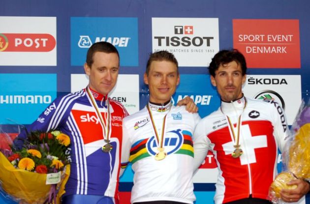 Tony Martin, Bradley Wiggins and Fabian Cancellara on the podium in Copenhagen, Denmark.