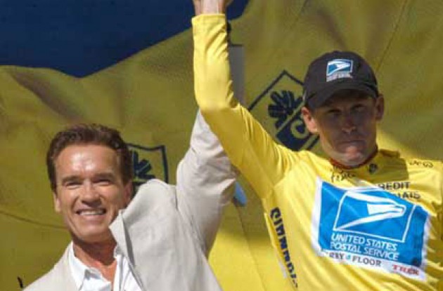 Armstrong and Schwarzenegger on the podium. Will Armstrong be as tough as Schwarzenegger in tomorrow's time trial? Stay tuned to Roadcycling.com to find out! Photo copyright Fotoreporter Sirotti.