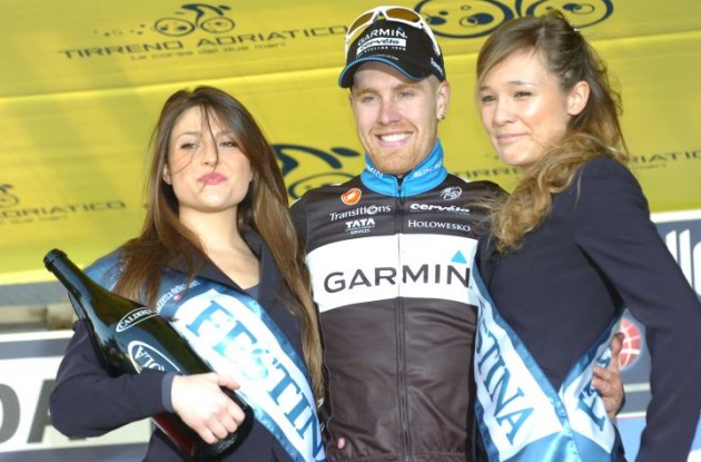 Team Garmin-Cervelo's Tyler Farrar in good company on the podium. Photo Fotoreporter Sirotti.