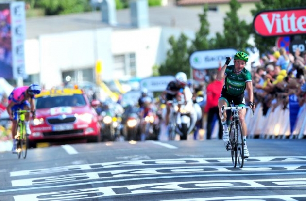 Team Europcar's Thomas Voeckler rides to victory in stage 10 of the Tour de France 2012 Photo Fotoreporter Sirotti.