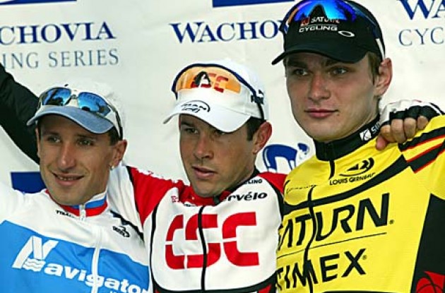 Three proud winners on the Trenton podium. Dean (M), Grishkine (L) and Rapinski (R). Photo copyright Wachovia Cycling.