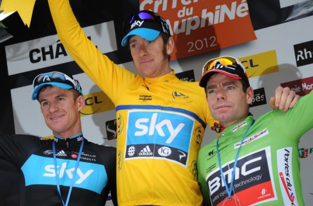 Bradley Wiggins (Team Sky Procycling) crowned overall 2012 Criterium du Dauphine Libere champion ahead of teammate Michael Rogers and Cadel Evans of BMC Racing Team. Photo Fotoreporter Sirotti.