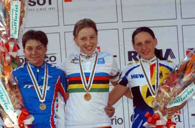 Three proud girls on the podium. From left to right Tolmacheva, Markerink and Fischer. Photo copyright Fotoreporter Sirotti.