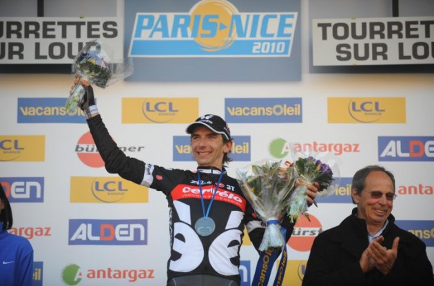 Xavier Tondo on the podium after winning stage 6 of the 2010 Paris-Nice. Photo copyright Fotoreporter Sirotti.