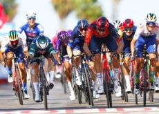 Kaden Groves and Filippo Ganna sprint in stage 5 of La Vuelta a Espana 2023