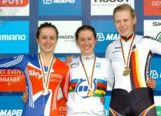 Jessica Allen, Elinor Barker and Mieke Kroger on the podium in Copenhagen, Denmark. Photo Fotoreporter Sirotti.