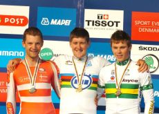 Luke Durbridge, Rasmus Christian Quaade and Michael Hepburn on the podium in Copenhagen, Denmark. Photo Fotoreporter Sirotti.
