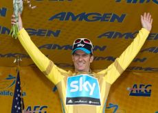 Team Sky's Greg Henderson celebrates his stage win and Tour of California lead on the podium in Modesto. Team Sky's Greg Henderson celebrates his stage win and Tour of California lead on the podium in Modesto.
