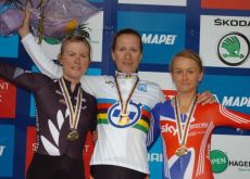Germany's Judith Arndt, Linda Villumsen (New Zealand) and Great Britain's Emma Pooley celebrate their medals on the podium in Copenhagen, Denmark. Photo Fotoreporter Sirotti.