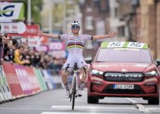 Remco Evenepoel crosses the finish line as winner of Liege-Bastogne-Liege 2023