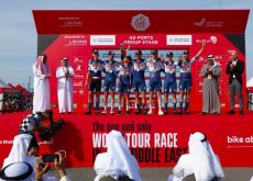 Remco Evenepoel and other Team Soudal-QuickStep riders celebrate their UAE Tour team time trial win