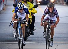 Tyler Hamilton (Team Rock Racing) and Blake Caldwell (Team Garmin-Chipotle) fight their way to the finish line. Photo copyright <A HREF="http://pa.photoshelter.com/usr-show/U0000yEwV90OAoAE" TARGET="_BLANK">Ben Ross</A>.