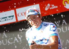 Yauheni Hutarovich celebrates his Vuelta stage win on the podium. Photo copyright Fotoreporter Sirotti. Yauheni Hutarovich celebrates his Vuelta stage win on the podium. Photo copyright Fotoreporter Sirotti.