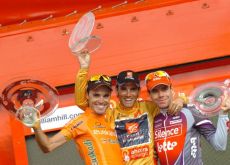 Sanchez, Valverde and Evans on the podium in Madrid. Photo copyright Fotoreporter Sirotti.