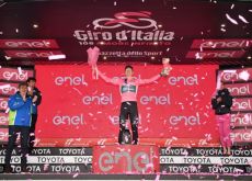Andreas Leknessund remains general classification leader following stage 7 | RCS Sport - LaPresse Andreas Leknessund celebrates his Giro d'Italia lead on the podium