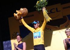 Great Britain's Tour de France leader Bradley Wiggins on the podium in Besancon, France. Photo Fotoreporter Sirotti.