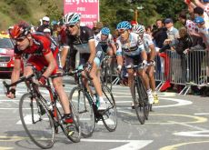 Team BMC Racing's Cadel Evans leads Andy Schleck (Team Leopard-Trek) up the Alpe d'Huez climb. Photo Fotoreporter Sirotti.