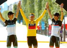 Cadel Evans, Andy Schleck and Frank Schleck on the Tour de France podium in Paris. Will they be on the final podium of the 2011 USA Pro Cycling Challenge as well? Photo Fotoreporter Sirotti.