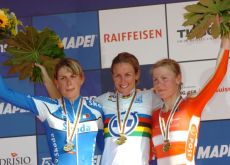 Kristin Armstrong, Noemi Cantele and Linda Villumsen on the podium in Switzerland. Photo copyright Fotoreporter Sirotti. Kristin Armstrong, Noemi Cantele and Linda Villumsen on the podium in Switzerland. Photo copyright Fotoreporter Sirotti.