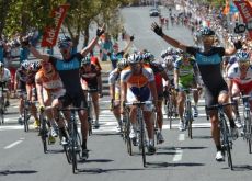 Chris Sutton wins and Team Sky teammate Greg Henderson celebrates the win. Photo copyright Fotoreporter Sirotti. Chris Sutton wins and Team Sky teammate Greg Henderson celebrates the win. Photo copyright Fotoreporter Sirotti.