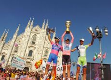 Contador, Scarponi and Nibali on the 2011 Giro d'Italia podium. Photo Fotoreporter Sirotti.