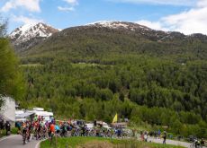 Giro d'Italia cyclists cycling in Italian mountains