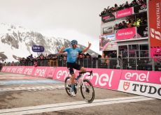 Davide Bais crosses the finish line as winner of stage 7 of Giro d'Italia 2023