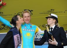 Enrico Gasparotto (Team Astana) on the podium with the cute Italian podium girls. Photo copyright Fotoreporter Sirotti. Enrico Gasparotto (Team Astana) on the podium with the cute Italian podium girls. Photo copyright Fotoreporter Sirotti.