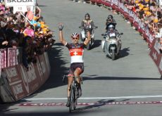 Team RadioShack-Nissan's Fabian Cancellara victorious in Monte Paschi Strade Bianche 2012 ahead of 

Maxim Iglinsky of Team Astana and Team Varnese Vini-Selle Italia's Oscar Gatto. Photo Fotoreporter Sirotti.