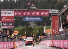 Georg Steinhauser crosses finish line as winner of stage 17 of Giro d'Italia for EF Education-EasyPost