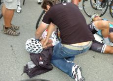 Heinrich Haussler on the tarmac after the crash in the final meters of stage 4 of the 2010 Tour de Suisse. Photo copyright Fotoreporter Sirotti. Heinrich Haussler on the tarmac after the crash in the final meters of stage 4 of the 2010 Tour de Suisse. Photo copyright Fotoreporter Sirotti.